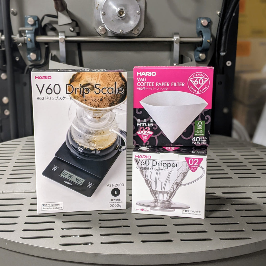 Hario V2 Drip Coffee Maker, with Hario filters, and a Hario Scale for making pour over coffee.